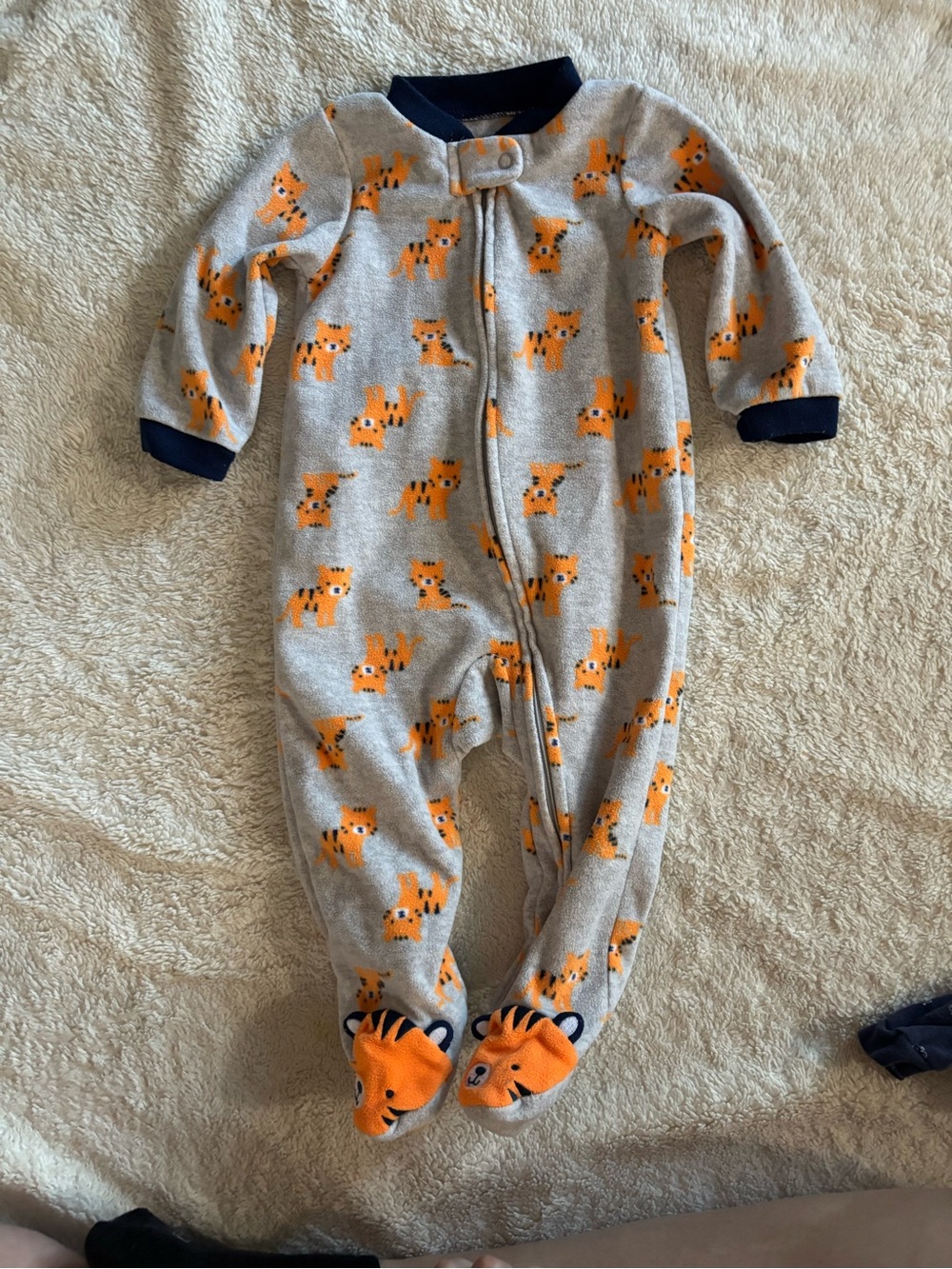 Grey & Orange tiger-Print fleece Footed Baby One-Piece